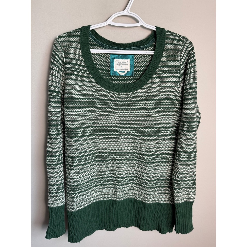Old Navy Womens Green Striped Scoop Neck Wool Blend Sweater L Preppy Cozy Y2K